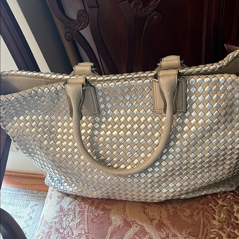 Elegant Silver Woven Tote Bag